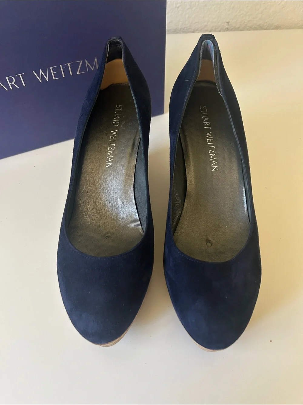 Stuart Weitzman Navy Suede Cork Wedge Pumps